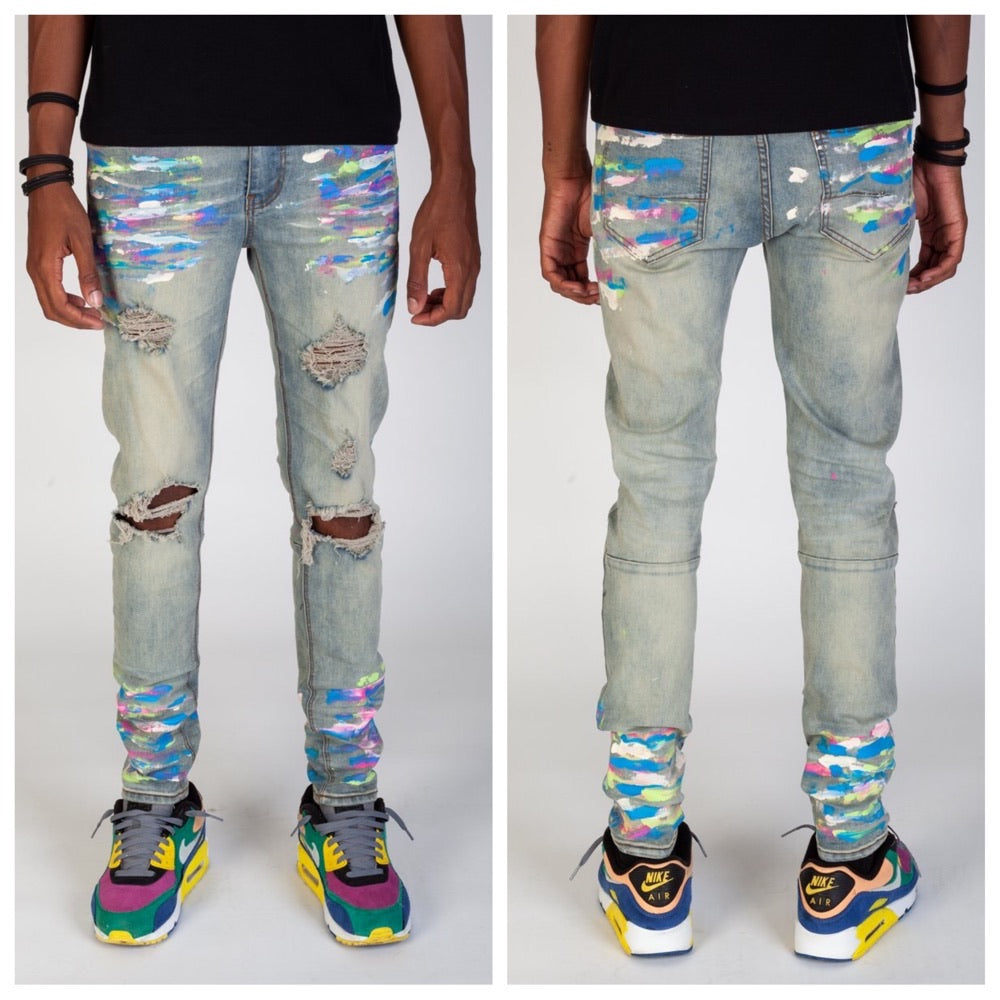 Ripped Jeans with Multi-Paint Splatter (Tinted Light Blue)