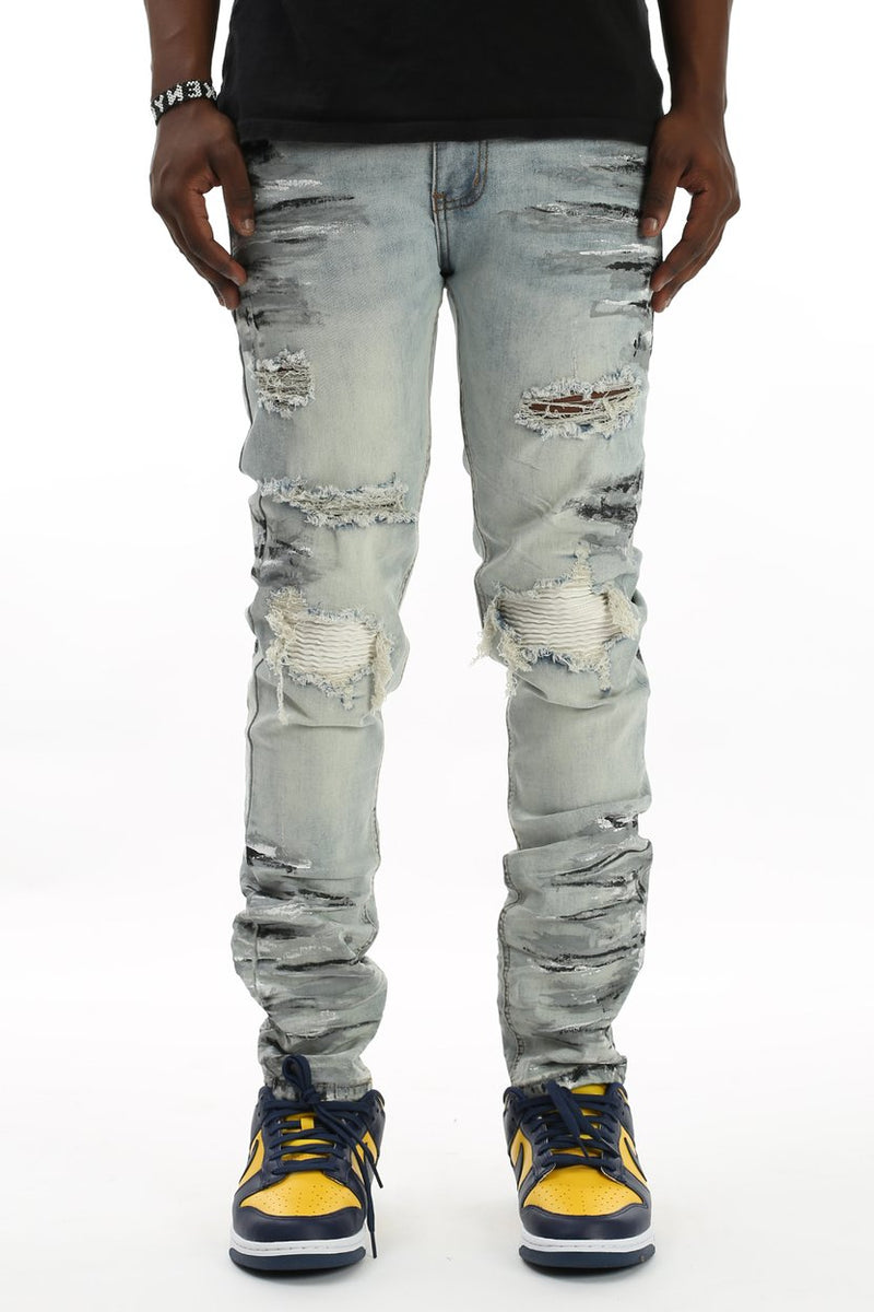 SMOCKED PU JEANS WITH MULTI-PAINT SPLATTER (BLUE) KND4385