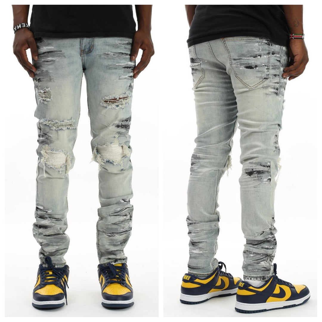 SMOCKED PU JEANS WITH MULTI-PAINT SPLATTER (BLUE) KND4385