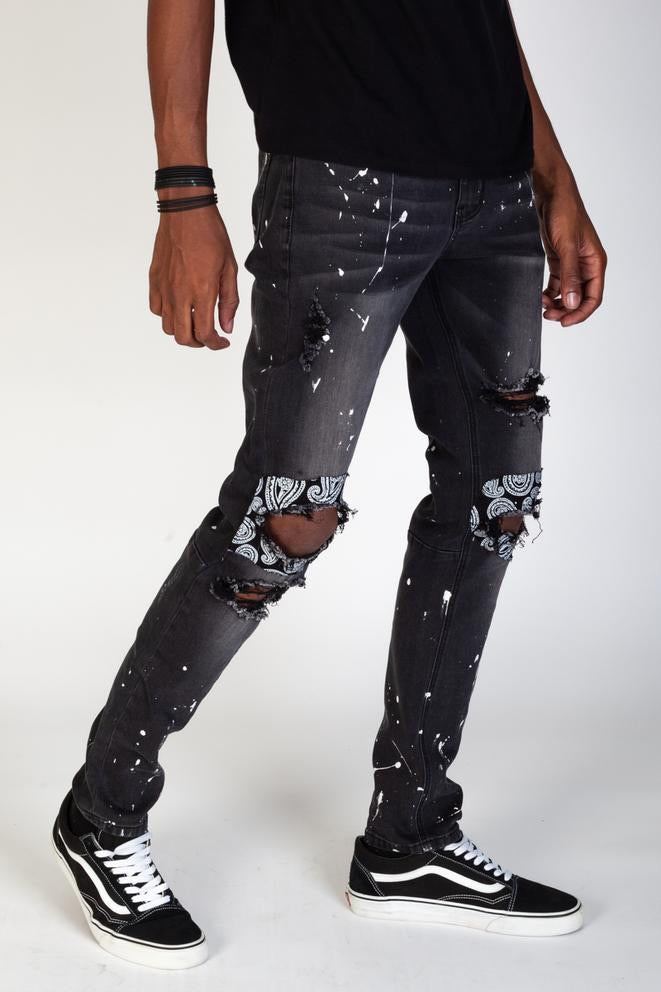 Ripped paisley patch jeans with paint splatter (DARK MEDIUM GRAY)